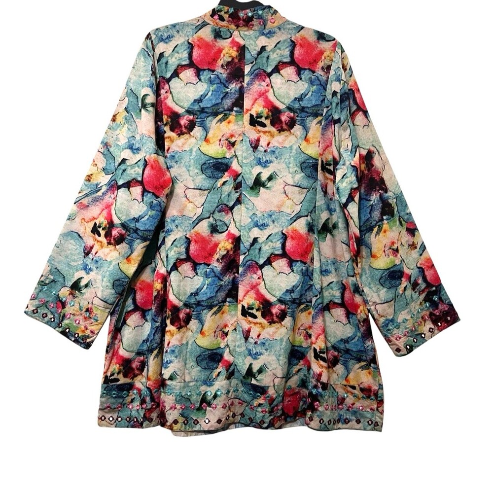 SOFT SURROUNDINGS Floral Watercolor Tunic Top Artsy Embellished V-Neck Womens 1X - Picture 2 of 9